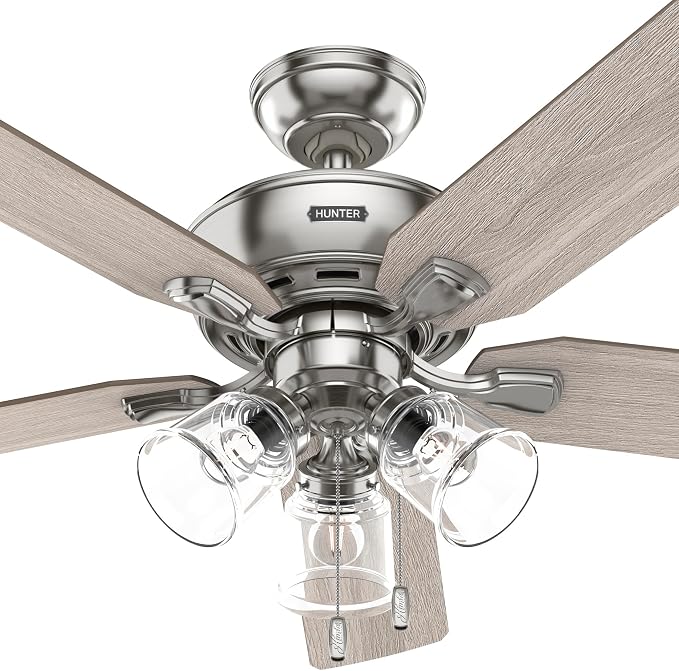 Hunter Rosner, Indoor, Ceiling Fan, Standard Mount, 52 inch, Brushed Nickel | with LED Lights and Pull Chain, 5 Blades, For Bedroom, Living Room, Kitchen, 3 inch Downrod, 51596