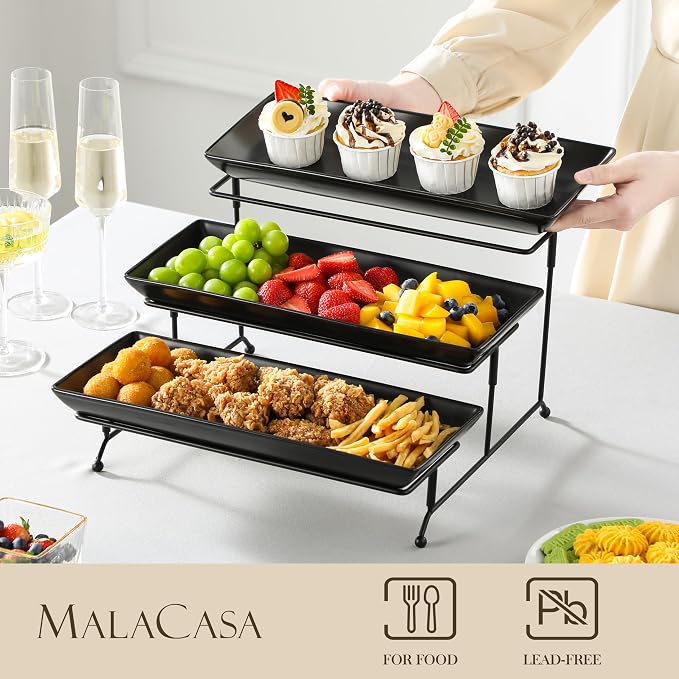 MALACASA 3 Tier Serving Trays for Party, Stoneware Serving Platters and Trays, 14 Inch Tiered Tray Stand, Fruit Tray, Trays for Serving Food, Black Dessert Stand with Collapsible Sturdier Metal Rack | Tiered Cupcake Stand for Party, Fruit Tray, Trays f...