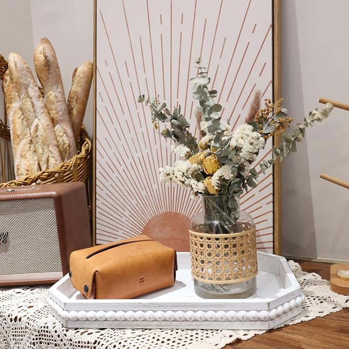 Hrastany Whitewashed Wood Serving Tray with Beads, Farmhouse Decorative Tray for Table Centerpiece, Christmas Wedding Halloween Home Decor