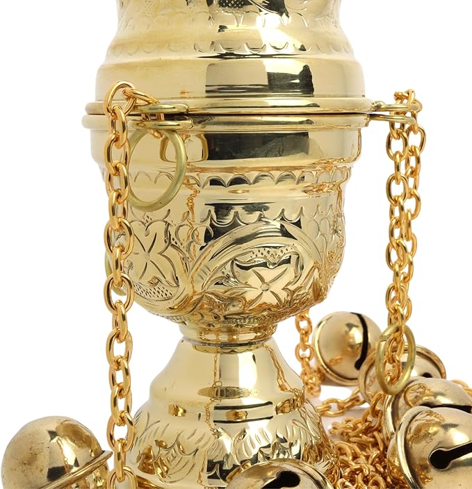 Needzo Hanging Brass Incense Burner with Bells, Gold Tone Swinging Censor, Catholic Church Supplies, 25 Inch Chains with 7" Body