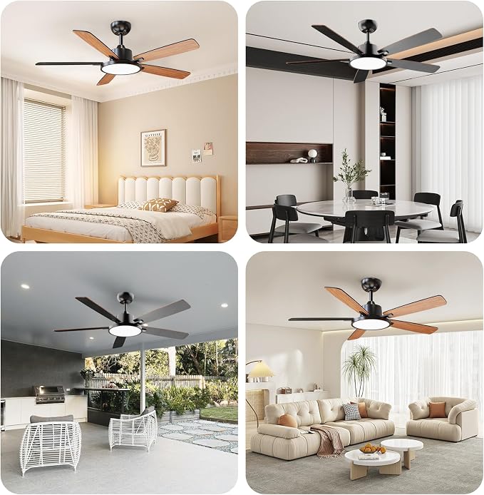 TALOYA 52 Inch Black Ceiling Fans with Lights Led Back Light Remote Control Flush Mount Low Profile for Bedroom Living Room Outdoor Patio,Reversible,DC Motor,3 Color Temperatures,5 Blades