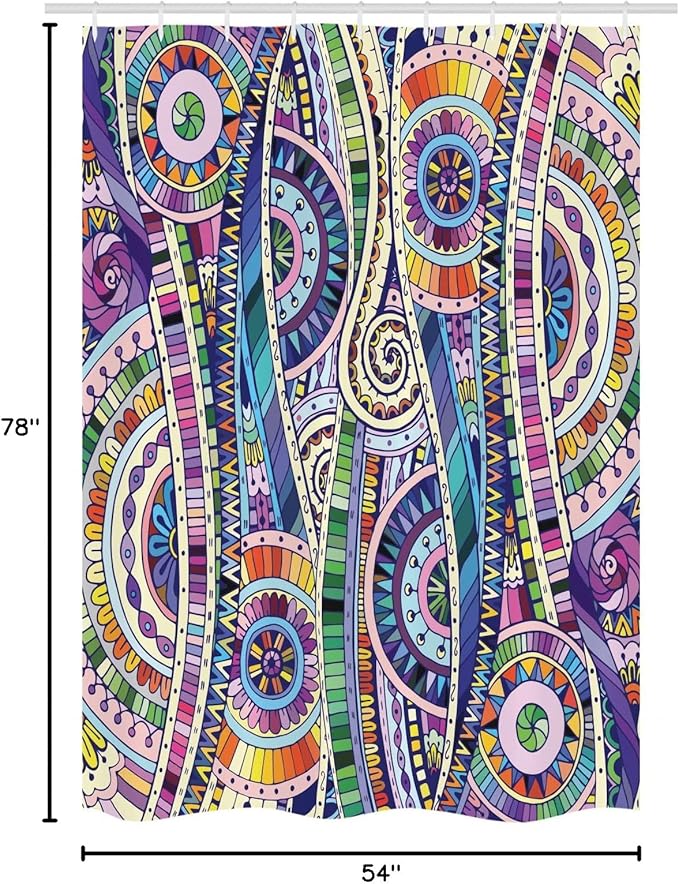 Ambesonne Floral Stall Shower Curtain, Geometric Mosaic Style Colorful Illustration Flower Pattern Ornamental Doodle Art, Fabric Bathroom Decor Set with Hooks, 54" W x 78" L, Purple Green