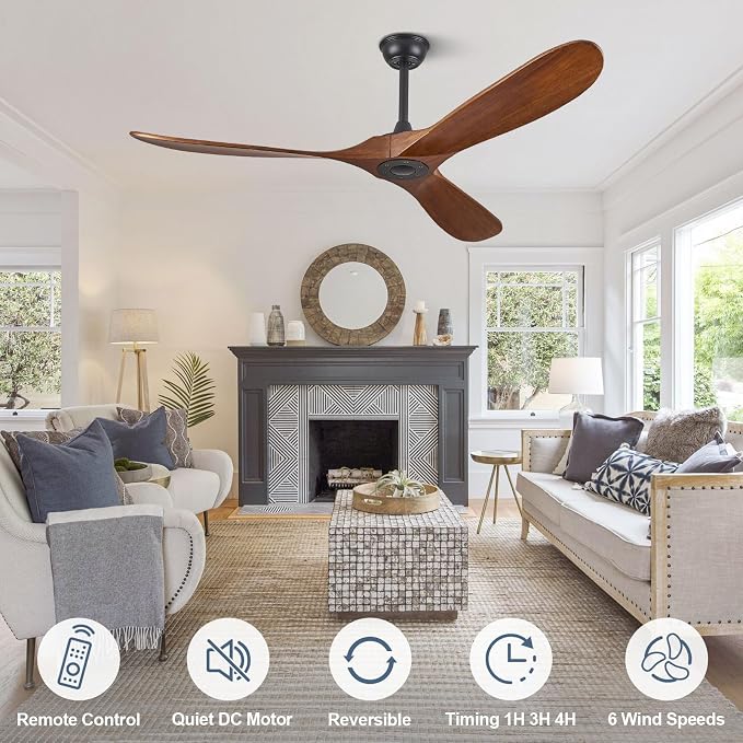 ABZ 60" Outdoor Ceiling Fans without Lights, 60 Inch Wood Ceiling Fans no Light, 3 Blade Propeller Outdoor Fan with Remote Control for Patios Living Room Bedroom Porch, High CFM ETL Listed