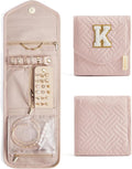 BAGSMART Travel Jewelry Organizer Case K Initial Foldable Jewelry Roll for Journey Rings, Necklaces, Earrings, Bracelets,Mini,Letter K,Soft Pink