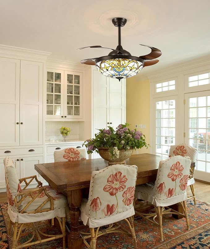 42" Tiffany Ceiling Fans with Lights Stained Glass Ceiling Fan Retractable Chandelier Fan with Remote Control Dimmable with 4 Reverse Blades for Bedroom, Living and Dining Room