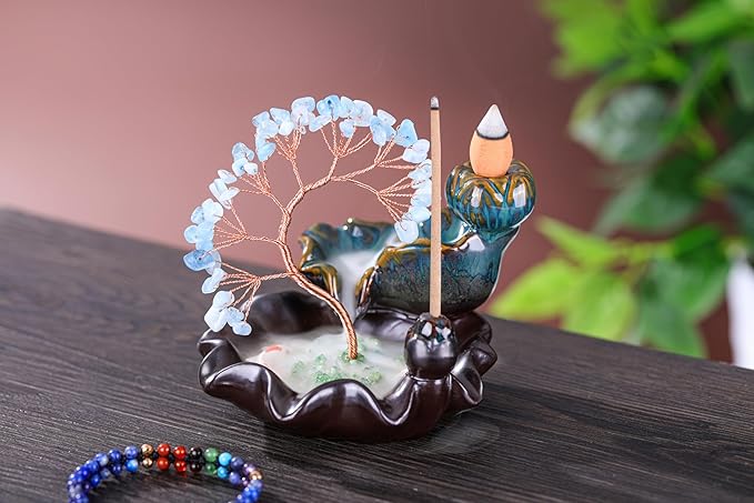 Jovivi Backflow Incense Burner Ceramic Incense Waterfall, Natural Aquamarine Healing Crystal Money Tree Incense Holder for Wealth, Good Luck, Yoga Meditation, Home Decor
