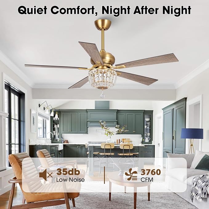 52" Crystal Ceiling Fan with Lights and Remote, Antique Bronze Chandelier Fan, Quiet 3-Speed Motor, 2-Light E12 Base, Elegant Fandelier for Bedroom Dining Room Living ROOM