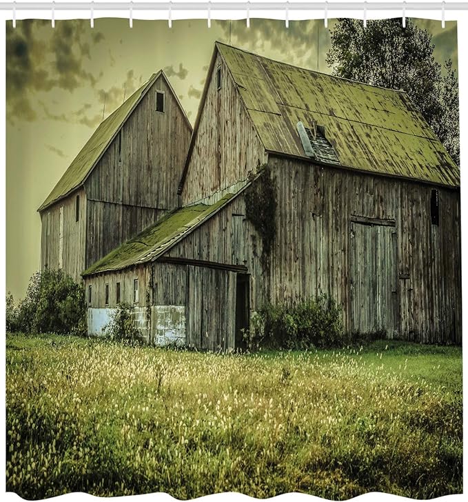 Ambesonne Country Shower Curtain, Farmer Field Barn Warehouse Midwest American Style Antique Art Print, Cloth Fabric Bathroom Decor Set with Hooks, 69" W x 84" L, Multicolor Reseda Green