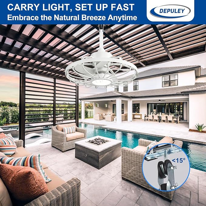Depuley Outdoor Ceiling Fan with Light: 20 Inch Outdoor Gazebo Hanging Fans with Remote App - Waterproof Plug in Caged Ceiling Fan for Patio Porch Canopy Pergola white