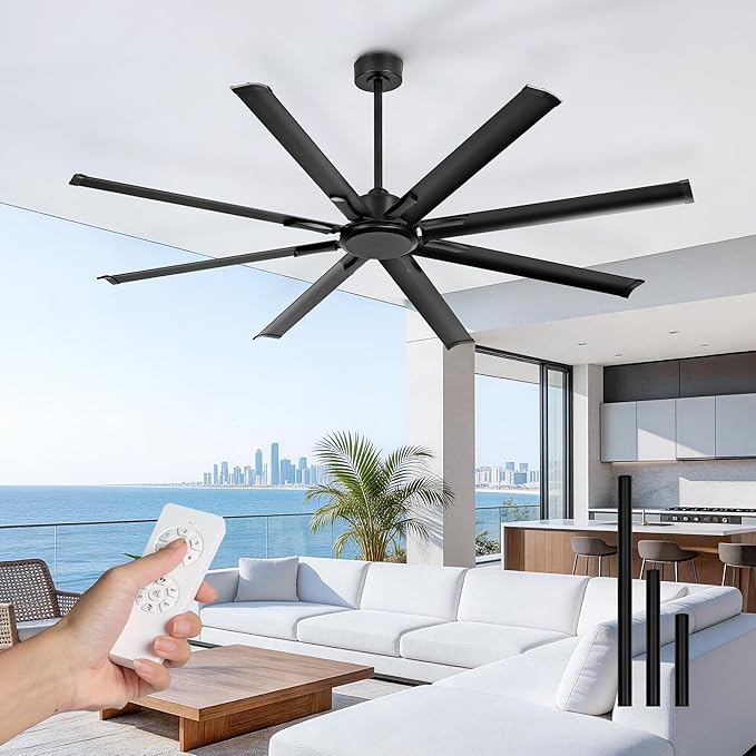72 Inch Industrial Ceiling Fan Without Light, Matte Black Outdoor Model for Covered Areas, 8 Aluminum Blades, Powerful Airflow, Modern No-Light Design, CF04NBK-72