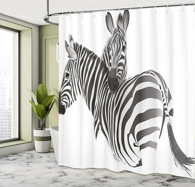 Ambesonne Zebra Shower Curtain, Exotic Animals Couple Savannah Theme Jungle Fauna Camouflage Digital Design Print, Cloth Fabric Bathroom Decor Set with Hooks, 69" W x 84" L, Grey White