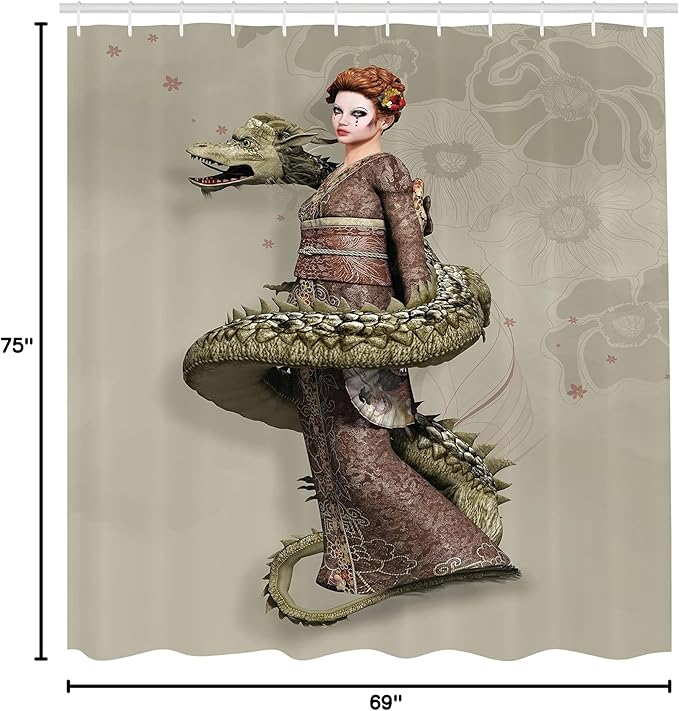 Ambesonne Fantasy Shower Curtain, Westernly Geisha with Cry Make-Up Wrapped by Spiralling Dragon, Cloth Fabric Bathroom Decor Set with Hooks, 69" W x 75" L, Eggshell Green