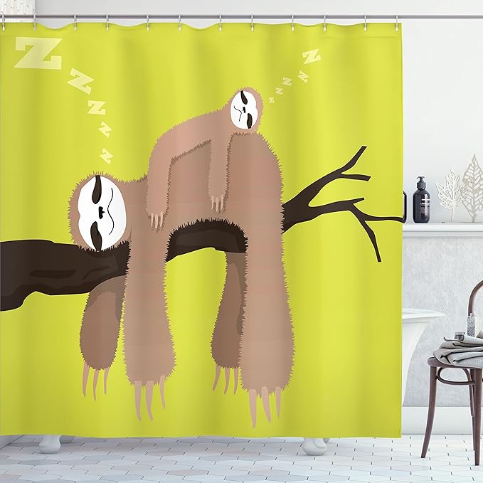 Ambesonne Sloth Shower Curtain, Cartoon Mother Sleeping on Branch Animal on Her Back Carefree Family, Cloth Fabric Bathroom Decor Set with Hooks, 69" W x 84" L, Cocoa Apple Green