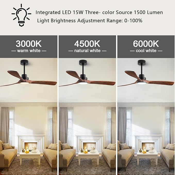 60-inch Quiet Ceiling Fan Light with Remote Control, 3-Blade, Walnut Finish | 3CCT, mobile app, full memory function, suitable for living rooms, dining rooms, bedrooms, offices, balconies, and patios