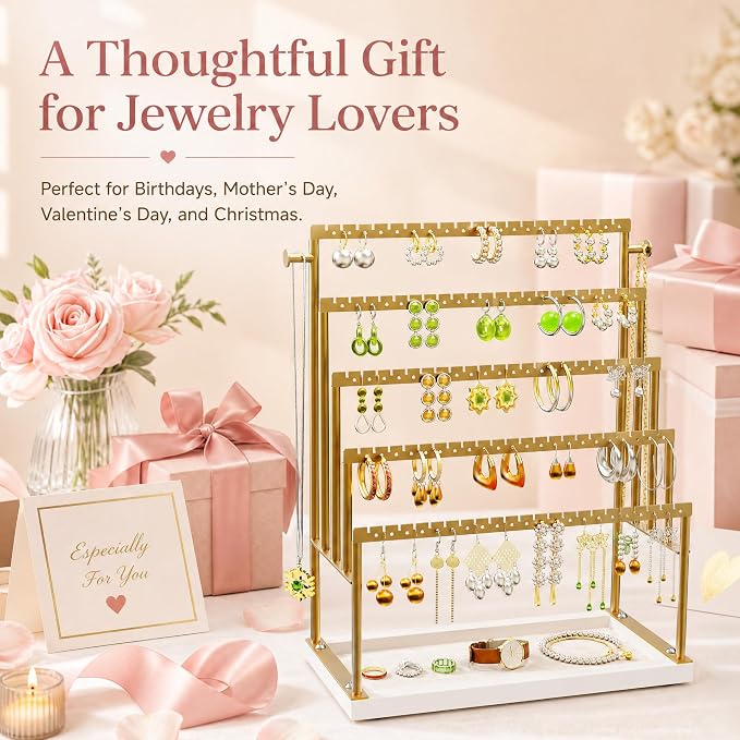 Large 5 Tier Earring Organizer and Holder, Gold | 100+ pair earring display, jewelry organizer stand, elegant gold finish, perfect for vanity décor and boutique displays