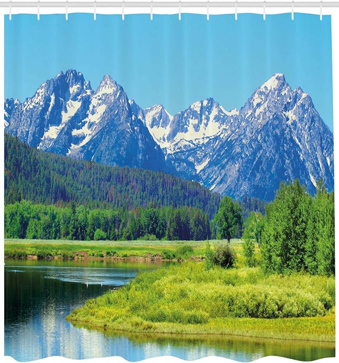 Ambesonne Landscape Shower Curtain, Grand Teton National Park Snowy Peak Mountains Nature Scene Picture, Cloth Fabric Bathroom Decor Set with Hooks, 69" W x 70" L, Yellow Green Multicolor
