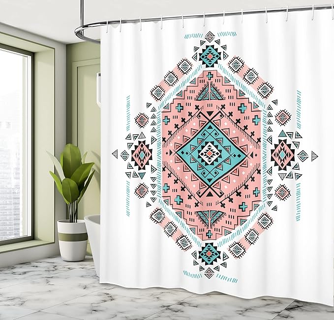 Ambesonne Tribal Shower Curtain, Mexican Symmetrical Design 4 Corner Art Pattern, Cloth Fabric Bathroom Decor Set with Hooks, 69" W x 75" L, Teal and Coral Pink