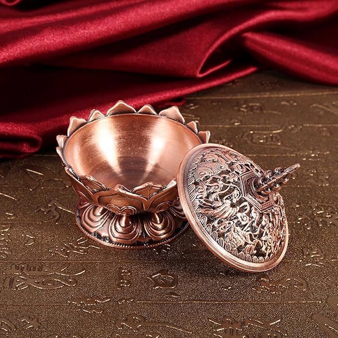 Vintage Backflow Incense Burner Bowl, Lotus Incense Holder Charcoal Ash Catcher Stick Cone Reel Incense for Powder Cone or Coil Incense (Red Bronze)