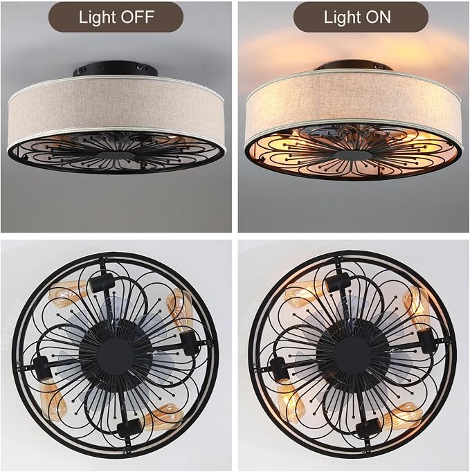 20" Boho Rattan Caged Ceiling Fan with Light,Low Profile Flush Mount Bladeless Ceiling Fan with Remote Control, 6 Speeds Reversible Silent Motor, Farmhouse Fabric Fandalier for Bedroom,Living Room
