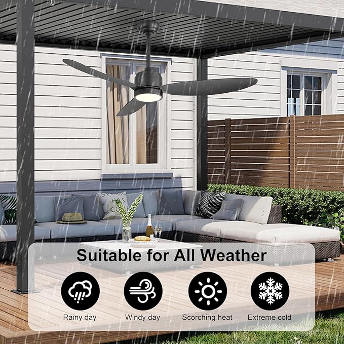 WINGBO 52" Outdoor Ceiling Fans with Lights, Wet Rated Waterproof Indoor Ceiling Fan with Remote, 3 ABS Blades Modern Ceiling Fan,3CCT Quiet 6-Speed DC Motor, for Porch Patio Bathroom, Black