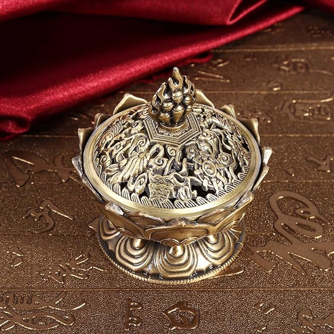 Vintage Backflow Incense Burner Bowl, Lotus Incense Holder Charcoal Censer Ash Catcher Stick Cone Reel Incense for Powder Cone or Coil Incense (Bronze)