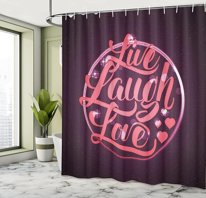 Ambesonne Live Laugh Love Shower Curtain, Vibrant Romantic Vintage Stamp Inspired Circle Popular Saying Print, Cloth Fabric Bathroom Decor Set with Hooks, 69" W x 70" L, Coral Plum White