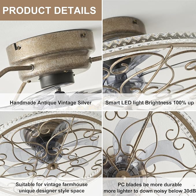 Low Profile Ceiling Fan with Lights 20" Ceiling Fan with Remote Bladeless Ceiling Fan Boho Vintage Flush Mount Ceiling Fan with Light 3 Color Smart LED Dimmable,Handmade Antique Vintage Silver