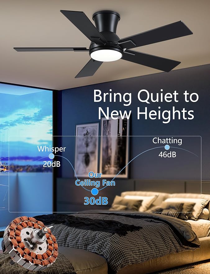 Modern Ceiling Fans with Lights - 42 inch Low Profile Ceiling Fan with Light and Remote, Flush Mount Reversible DC Motor, 6-Speed Quiet LED Dimmable for Bedroom, Indoor and Outdoor, Patios Black