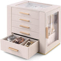 Homeanda Jewelry Box for Women with Glass Lid, 5 Drawers Jewelry Organizer and Storage for Necklaces, Rings, Earrings, Bracelets, Gift for Girls and Teens,PU Leather (Beige)