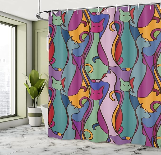 Ambesonne Cat Shower Curtain, Colorful Kittens Domestic Contour Geometric Design, Cloth Fabric Bathroom Decor Set with Hooks, 69" W x 70" L, Pink Magenta