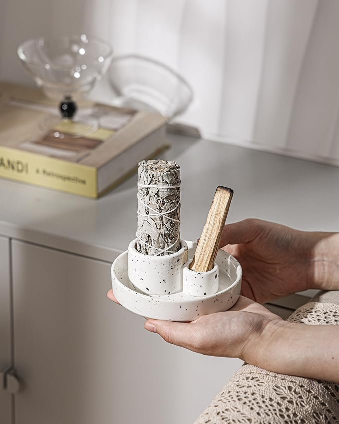 Ceramic Incense Holder, Palo Santo and Sage Holder, Vertical Stick Incense Burner, Inscents Ash Catcher for Spa Yoga Meditation Home Decor, Modern Minimalist White
