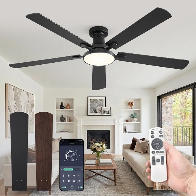 ZMISHIBO 60 Inch Flush Mount Ceiling Fan with Light, Remote&APP, Black | 6-Speed Quiet DC Motor, Dimmable 24W LED with 3CCT (3000K-6500K), Modern Low Profile for Living Room, Bedroom, Kitchen