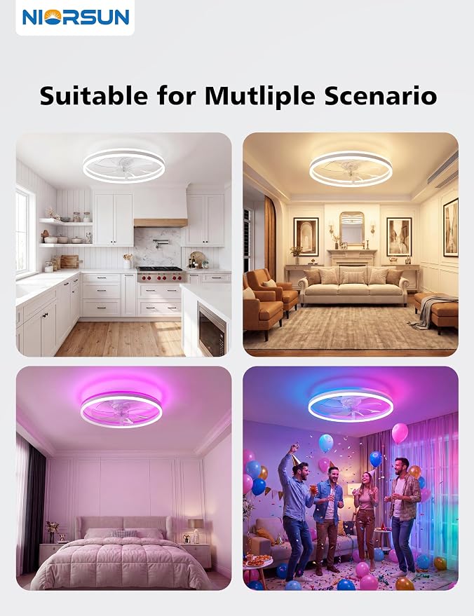 NIORSUN RGB Ceiling Fans with Lights and Remote, Modern Smart LED Ceiling Fans Light, 6 Speeds & 3000K-6500K Dimmable, Quiet Bladeless Fandelier Ceiling Fan with Light for Bedroom (24Inch,White)