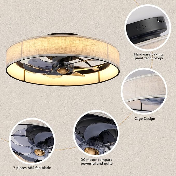 19.6" Low Profile Caged Ceiling Fan with Light and Remote,Flush Mount Smart Fandelier, 6 Speed Settings, Adjustable 3000K-6500K LED, Bladeless Fabric Design, Modern Farmhouse Ceiling Fans for Bedroom