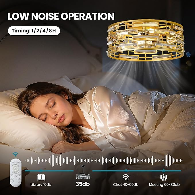 Flush Mount Ceiling Fans Lights: 18.9'' Caged Low Profile Fandelier with Remote/6 Speeds/Timer Gold Crystal Modern Chandelier Fan Light Bedroom Ventilador de Techo for Kitchen Living Dining Room Foyer