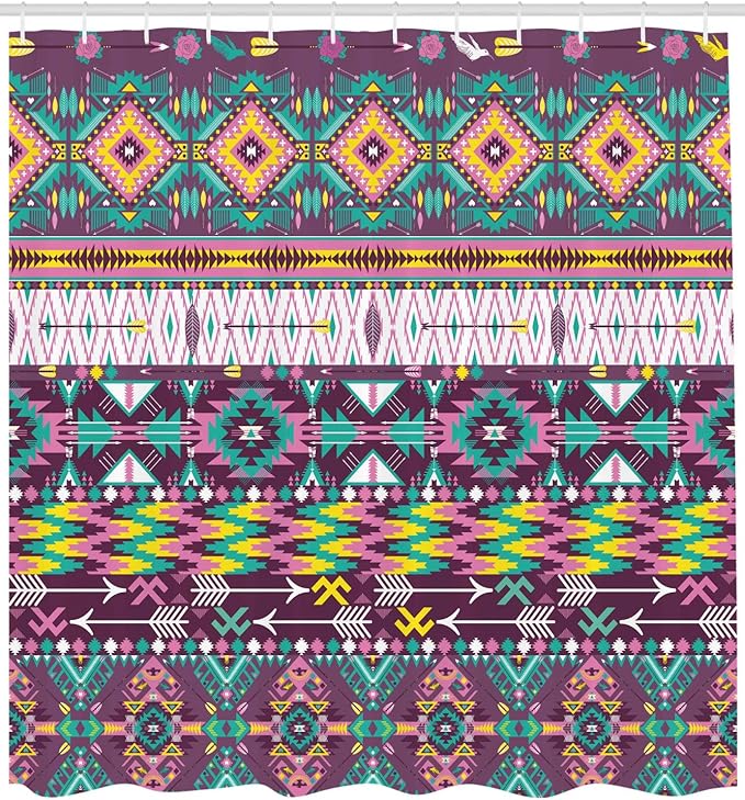 Ambesonne Tribal Shower Curtain, Traditional Pattern Geometrics and Arrows Art, Cloth Fabric Bathroom Decor Set with Hooks, 69" W x 75" L, Teal Purple Yellow