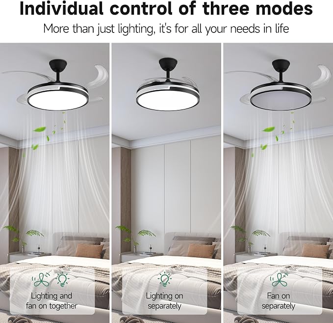 Retractable Ceiling Fans with Lights and Remote, 42'' Black and White Modern Fandelier Ceiling Fans Dimmable LED, Energy Efficient, Memory Function,Timer Setting Fan for Living Room Bedroom