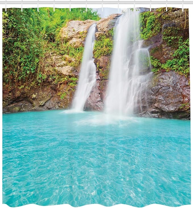 Ambesonne Waterfall Shower Curtain, Waterfall and Clear Natural Pool Plants Sunbeams in a Summer Day View, Cloth Fabric Bathroom Decor Set with Hooks, 69" W x 84" L, Aqua Green Pale Brown