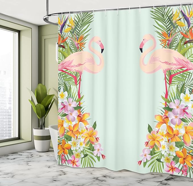 Ambesonne Floral Shower Curtain, Flamingo Birds and Tropical Flowers Exotic Hawaiian Wildlife Animals Print, Cloth Fabric Bathroom Decor Set with Hooks, 69" W x 84" L, Pale Blue Orange