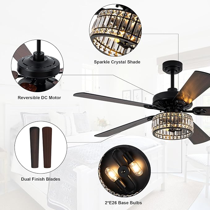 60" Crystal Ceiling Fan with Lights and Remote, Rustic Chandelier | Farmhouse Fandelier Ceiling Fan, Crystal Caged Chandelier for Living Room Indoor Cover Porch, Reversible DC Motor 6 Speeds