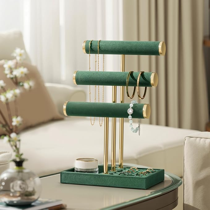 Jewelry Organizer Stand Display, 3 Tier Velvet Bracelet Holder, Green | Jewelry Organizers and Storage | Jewelry Tree | Jewelry Towers for Necklaces, Bracelets, Earrings, Rings