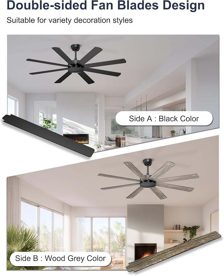 60'' Black Ceiling Fan No Lights for Indoor/Covered Outdoor | Remote/APP Control, 5980 CFM Airflow, Quiet DC Motor, Reversible Airflow, 8 Blades Modern Overhead Fan for Patio, Garage