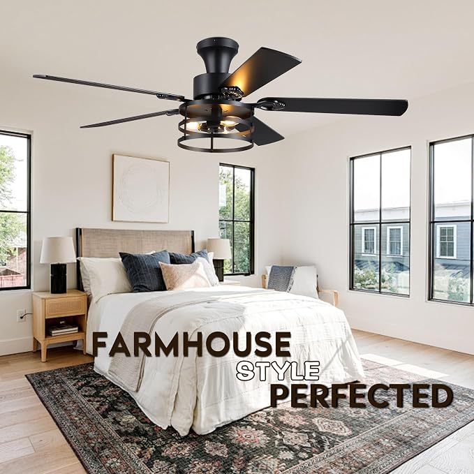 JSAITEE 52" Farmhouse Flush Mount Ceiling Fans with Lights, No Bulbs | Cage Fan Light with Dual-Sided Blades, 6 Speeds Reversible DC Motor, Rustic Low Profile Light for Bedroom, Living Room