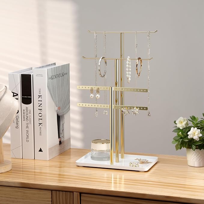 pickpiff Jewelry Organizer: 14.5" Sturdy Stand for 80 Pcs Jewelry, Shiny Gold