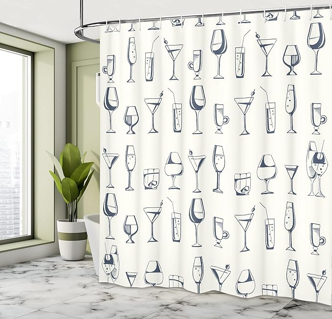Ambesonne Drink Shower Curtain, Repeating Pattern with Hand Drawn Alcohol Beverages and Cocktails Glasses, Cloth Fabric Bathroom Decor Set with Hooks, 69" W x 70" L, Dark Violet Off White