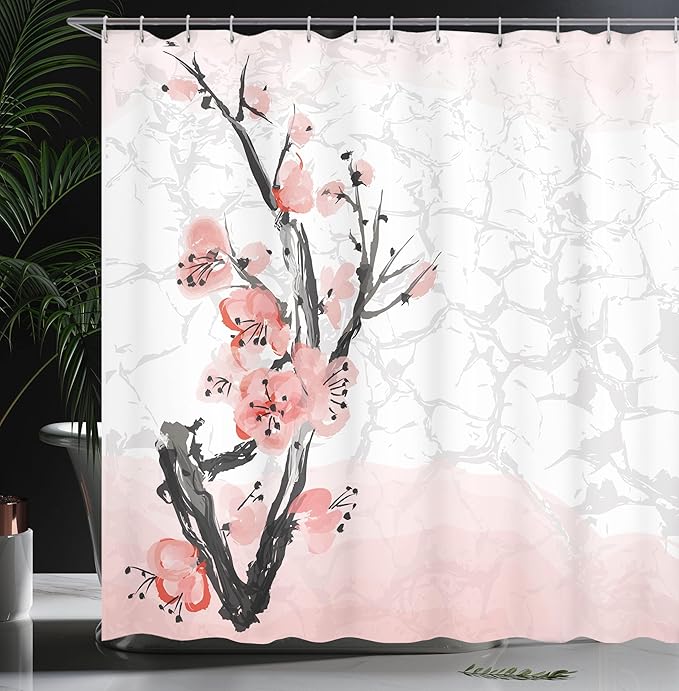 Ambesonne Floral Shower Curtain, Japanese Cherry Blossom Sakura Tree Branch Soft Pastel Watercolor Print, Cloth Fabric Bathroom Decor Set with Hooks, 69" W x 70" L, Pink Coral
