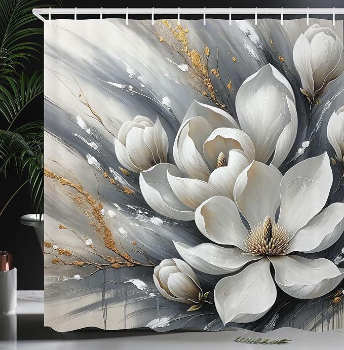 Ambesonne Grey Shower Curtain, Blooming Dreamy Magnolia Flowers with Marble Print Details Bohemian Art Floral, Cloth Fabric Bathroom Decor Set with Hooks, 69" W x 75" L, Ivory Slate Blue