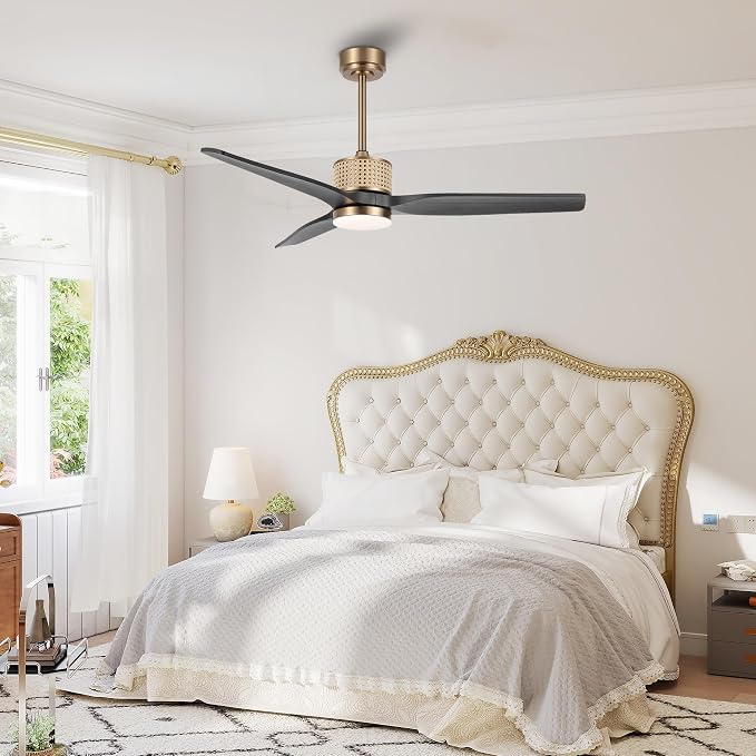 LEDLUX 52" Ceiling Fan with Light – Remote Control, Solid Wood, Quiet Reversible DC Motor, Black/Gold Finish, Includes 4.5"/12" Downrods, Noiseless Ceiling Fan for Bedroom, Living Room, Porch