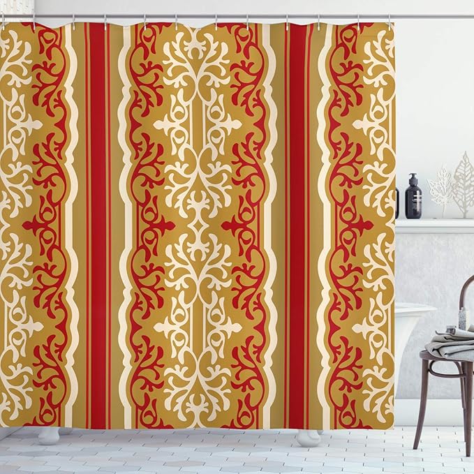 Ambesonne Orient Shower Curtain, Exotic Swirl Floral Ornament Branches Motif Orient Art Illustration, Cloth Fabric Bathroom Decor Set with Hooks, 69" W x 75" L, Pale Coffee Cream and Ruby