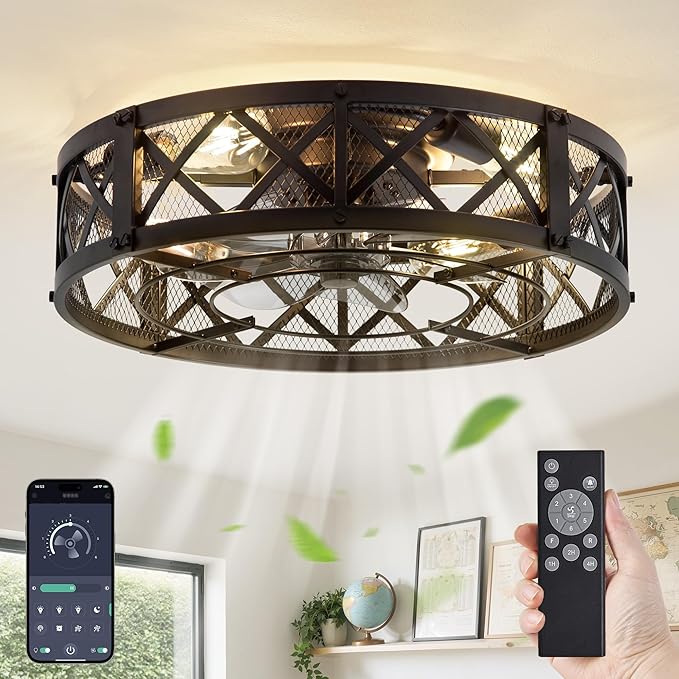 LEDIARY 20" Caged Ceiling Fan with Light, APP&Remote Control, Small Flush Mount Farmhouse Fan Lights, Low Profile Rustic Bladeless Ceiling Fan Fixtures for Bedroom, Kitchen-Black Color